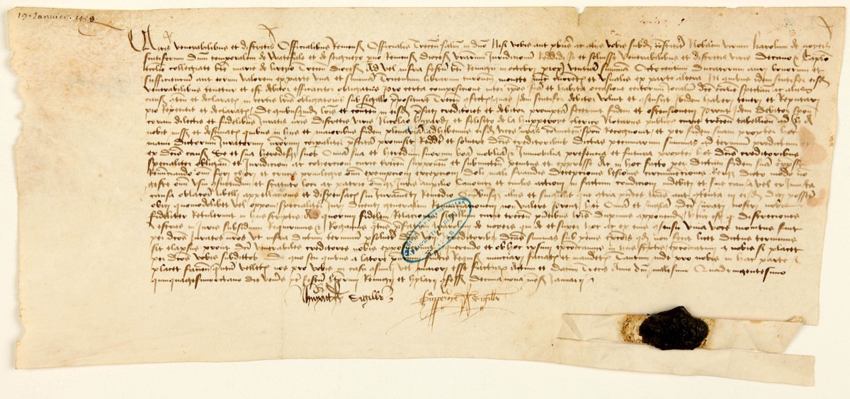 Agreement of Charles de Noyers to pay 800 gold ducats and 300 livres to the Chapter of Lirey, 19 January 1458