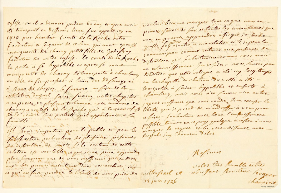 Canon Sergent follow-up letter concerning the Holy Shroud, 25 June 1726, page 2