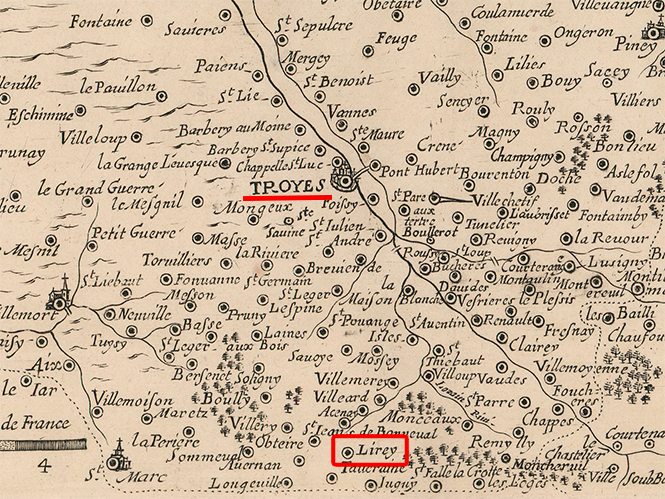 Map detail of the Troyes church district including Lirey